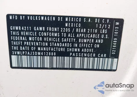 2013 Volkswagen Jetta 2.5L Sel from USA, damaged, VIN 3VWLP7AJ3DM412888